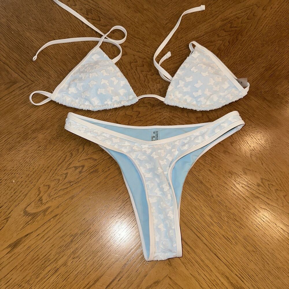 Bikini Set Womens Small High Rise Swim Suit blue cloud Thong Cheeky